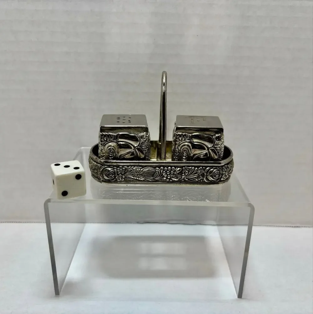 Vintage silver plated cube salt and pepper shakers with holder embossed 3pc set